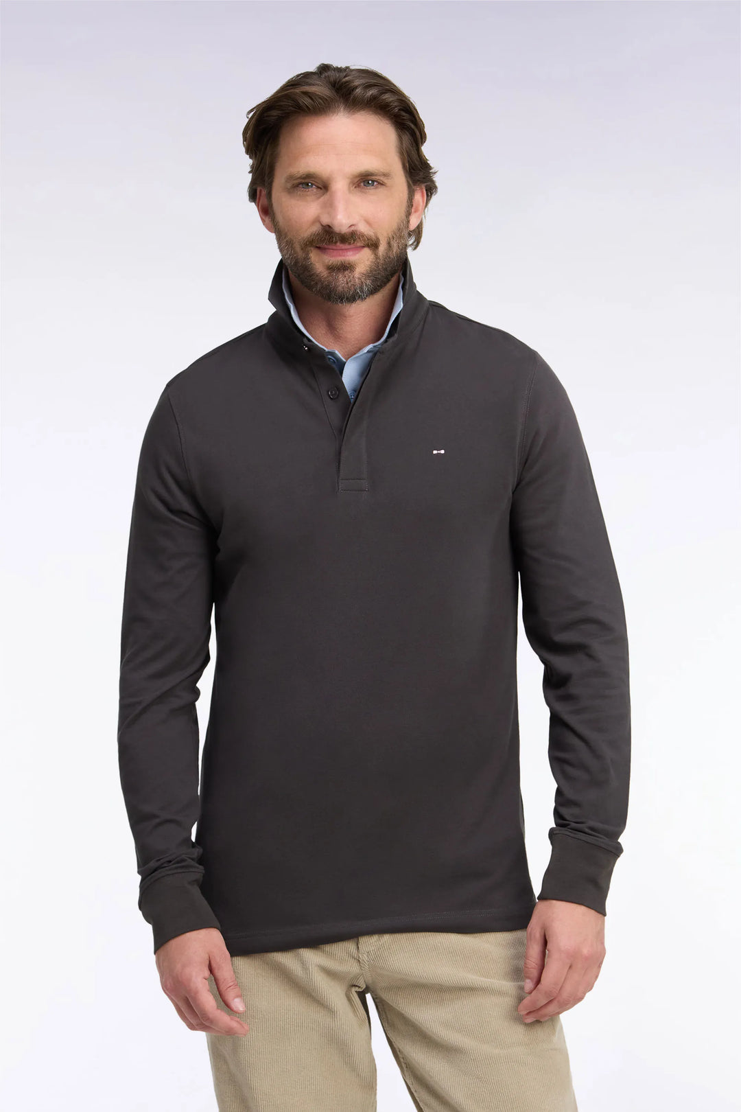 Slim-Fit Brown Stretch Cotton Long-Sleeved Polo Shirt