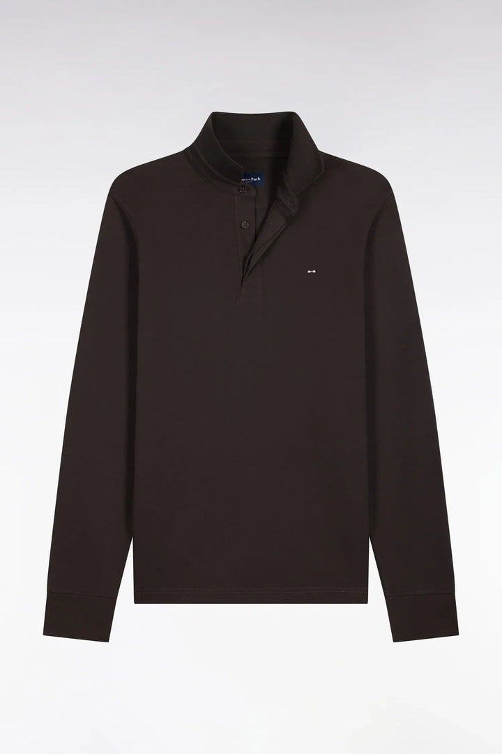 Slim-Fit Brown Stretch Cotton Long-Sleeved Polo Shirt