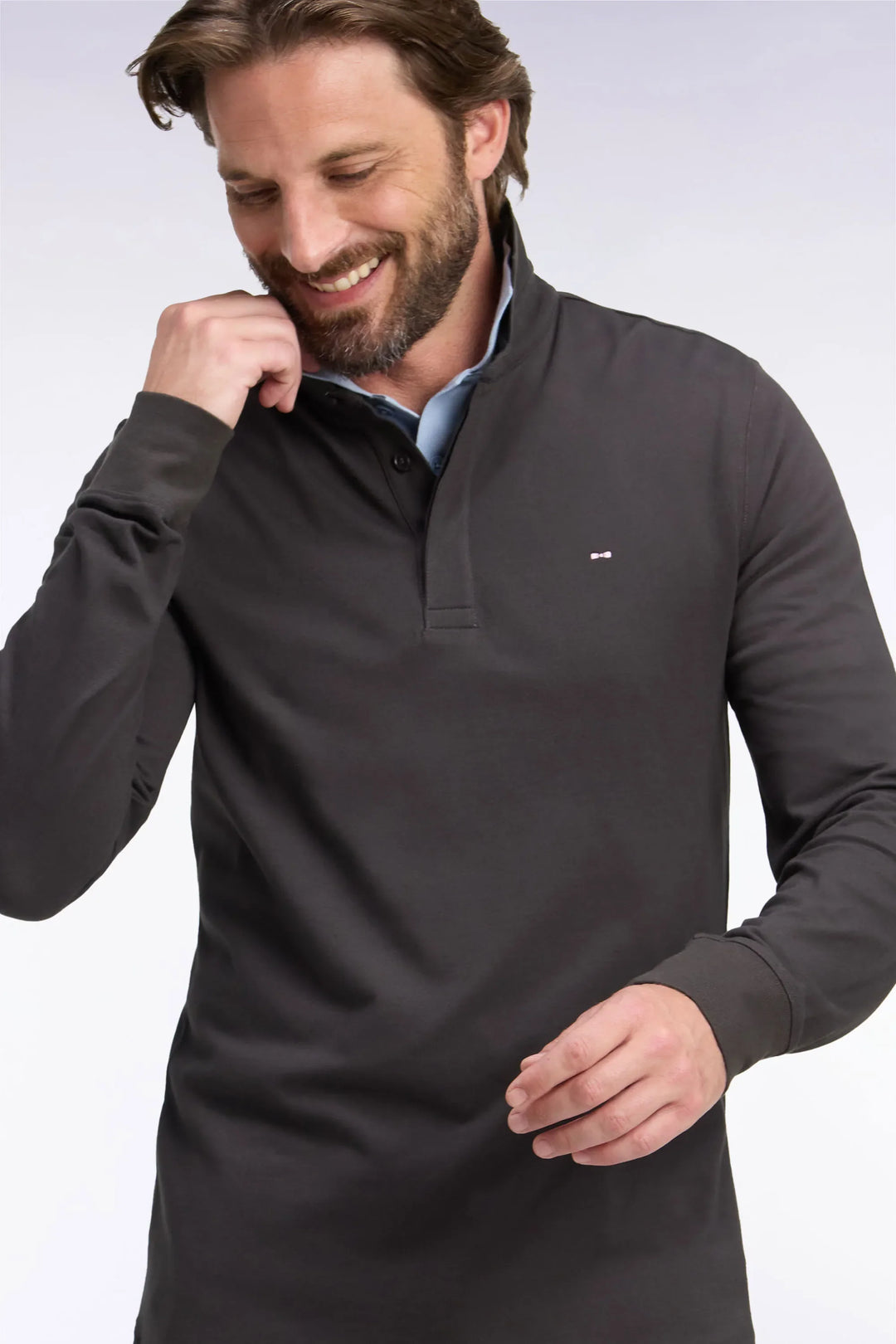 Slim-Fit Brown Stretch Cotton Long-Sleeved Polo Shirt