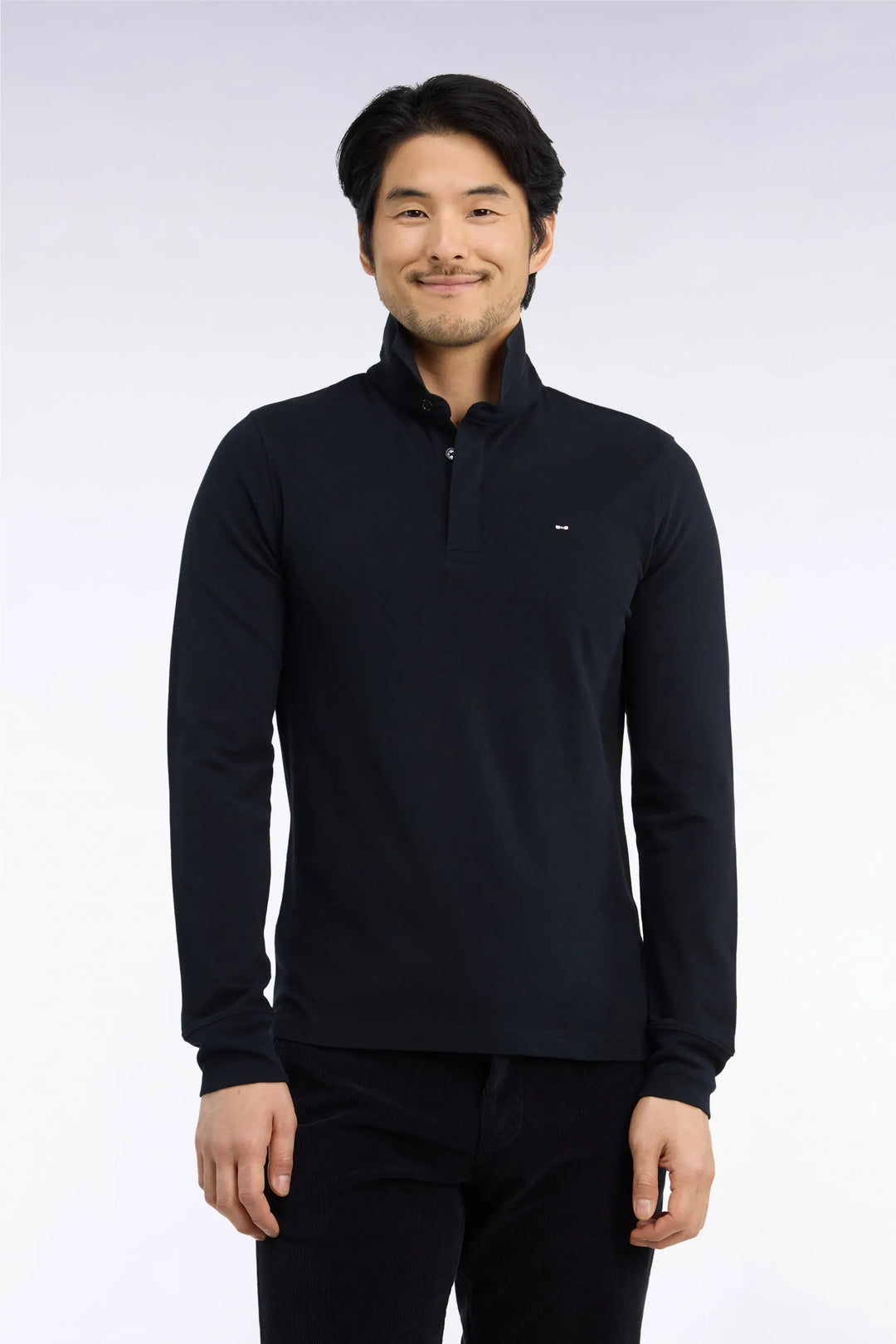Long-Sleeved Polo Shirt in Black Stretch Cotton with Slim Fit