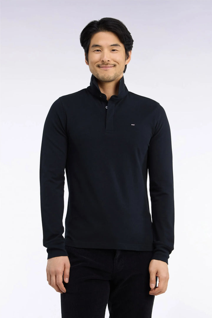 Long-Sleeved Polo Shirt in Black Stretch Cotton with Slim Fit