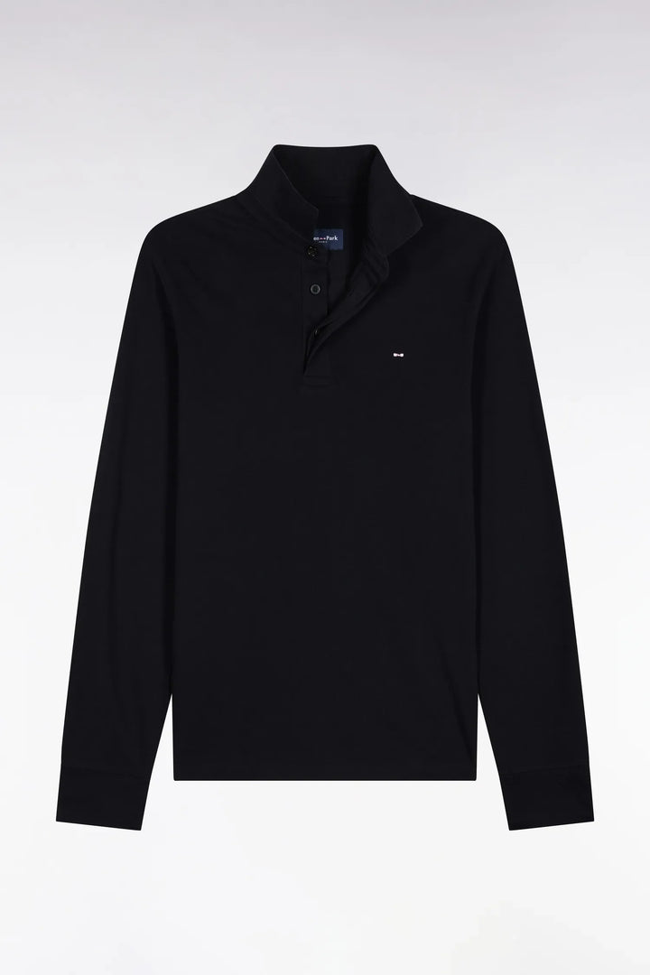 Long-Sleeved Polo Shirt in Black Stretch Cotton with Slim Fit