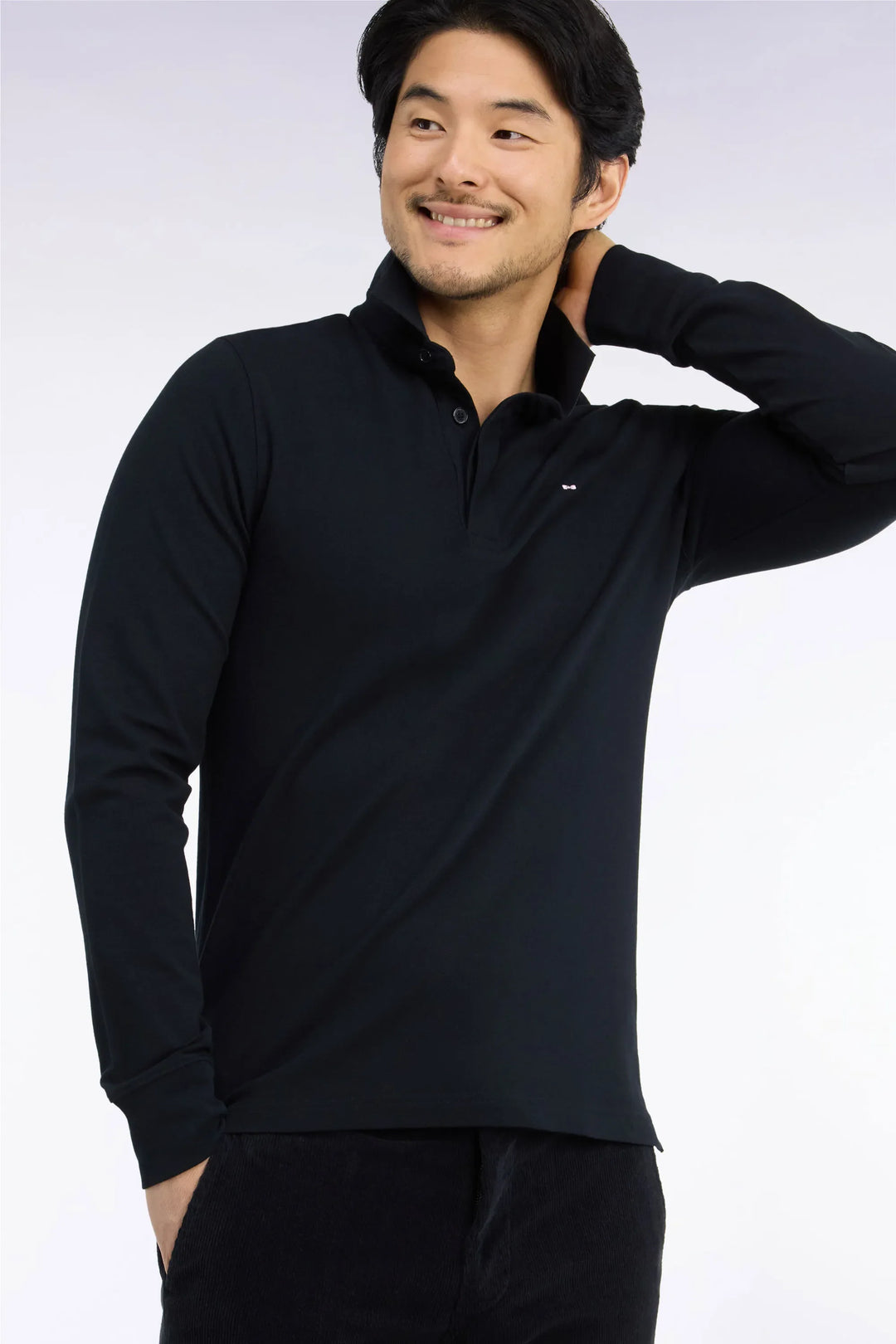 Long-Sleeved Polo Shirt in Black Stretch Cotton with Slim Fit