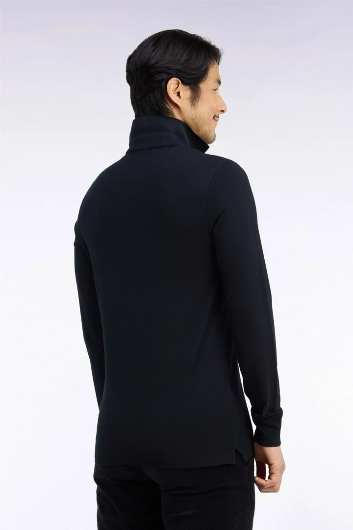 Long-Sleeved Polo Shirt in Black Stretch Cotton with Slim Fit