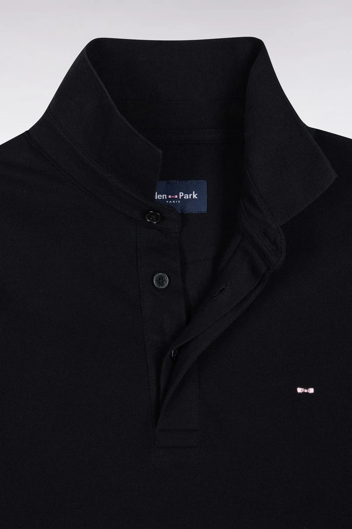 Long-Sleeved Polo Shirt in Black Stretch Cotton with Slim Fit