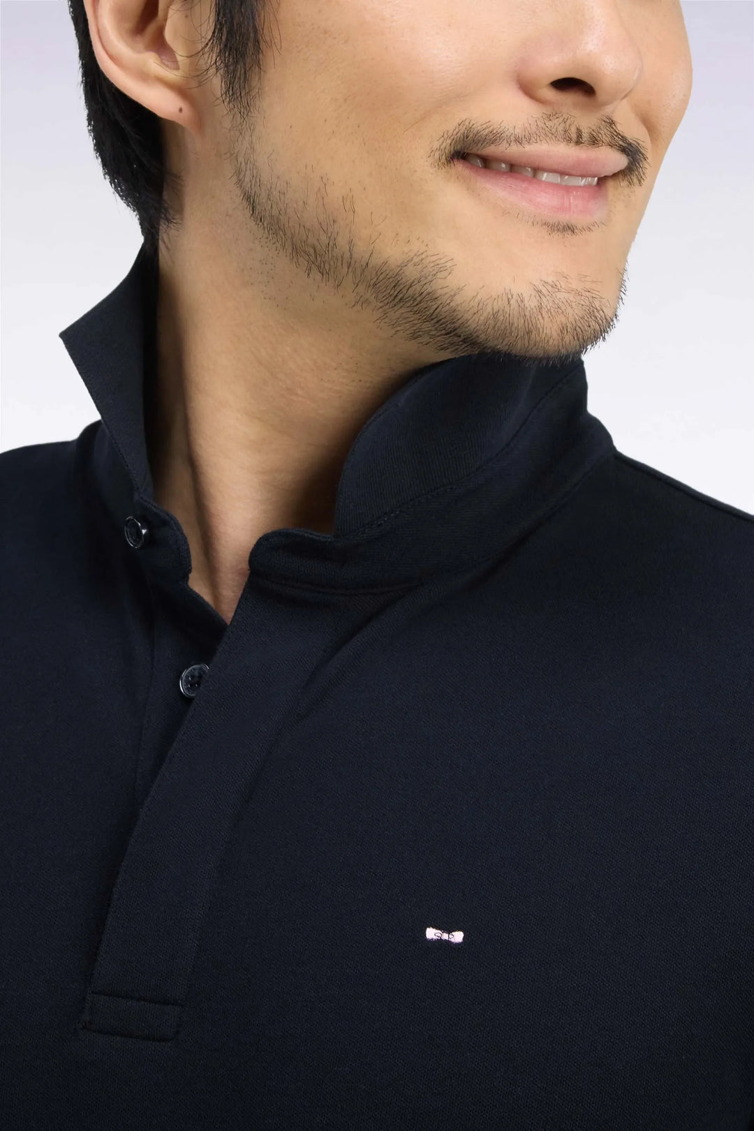 Long-Sleeved Polo Shirt in Black Stretch Cotton with Slim Fit