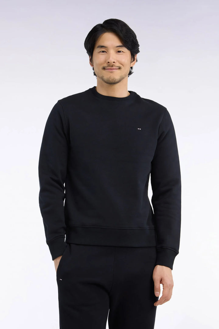Straight-Cut Black Cotton Fleece Round-Neck Sweatshirt