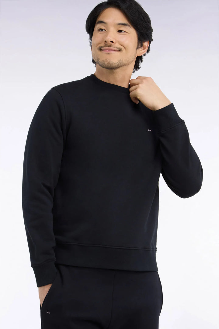 Straight-Cut Black Cotton Fleece Round-Neck Sweatshirt