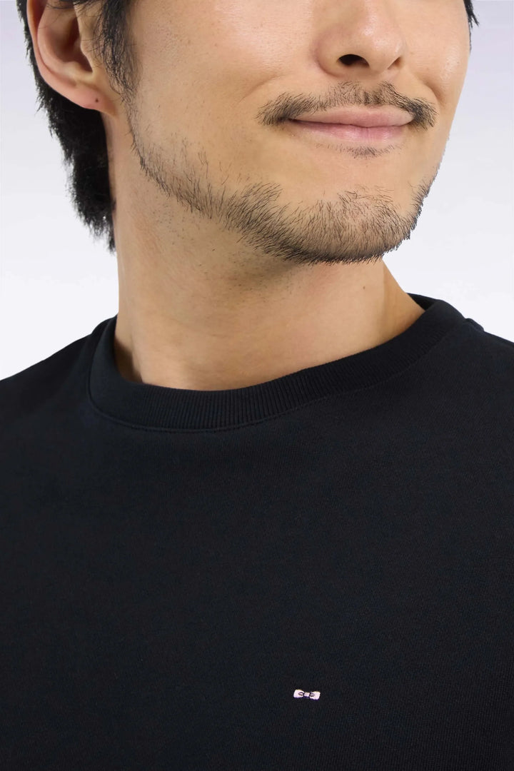 Straight-Cut Black Cotton Fleece Round-Neck Sweatshirt