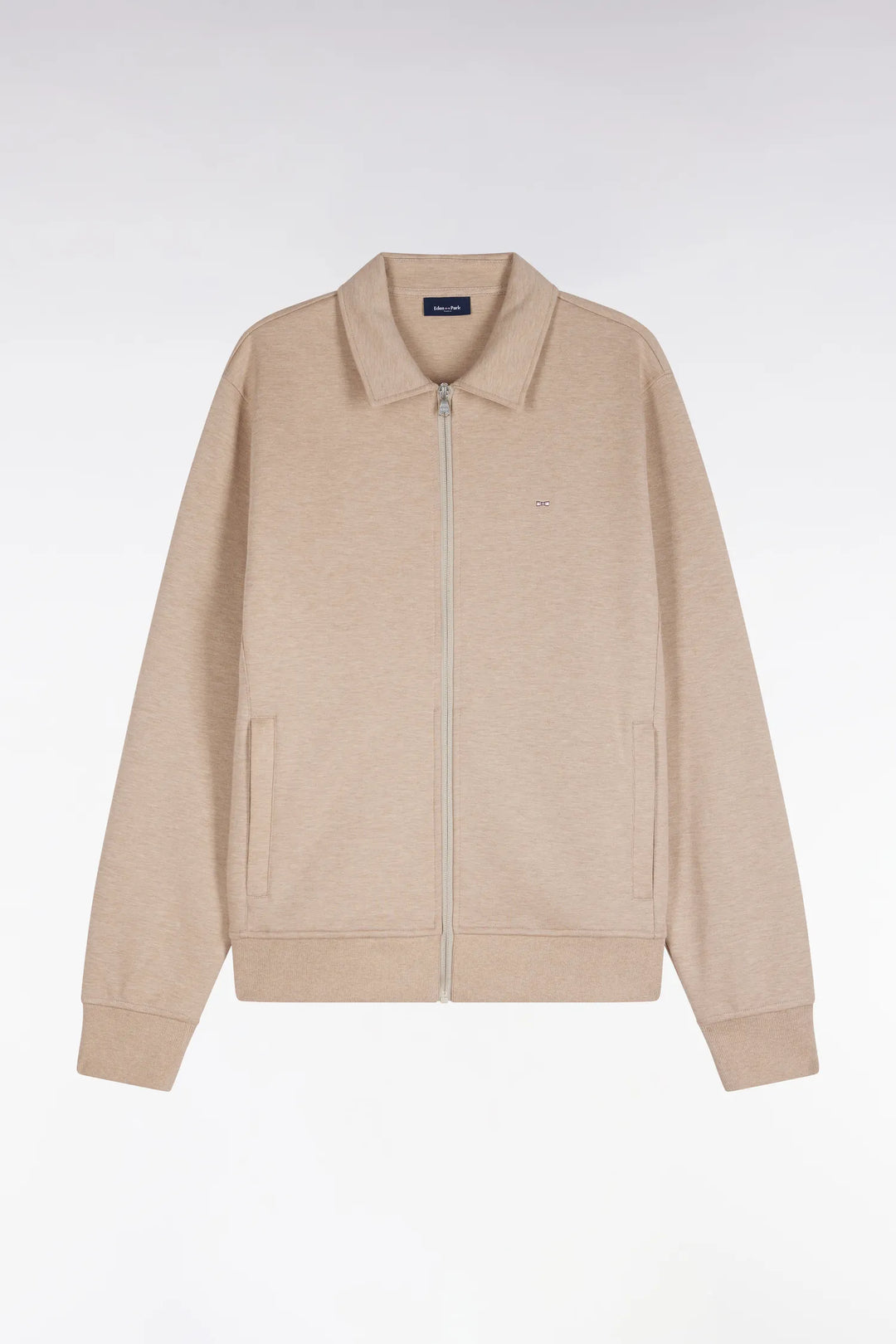 Zip-Up Sweatshirt with Beige Polo Collar with a Straight Cut
