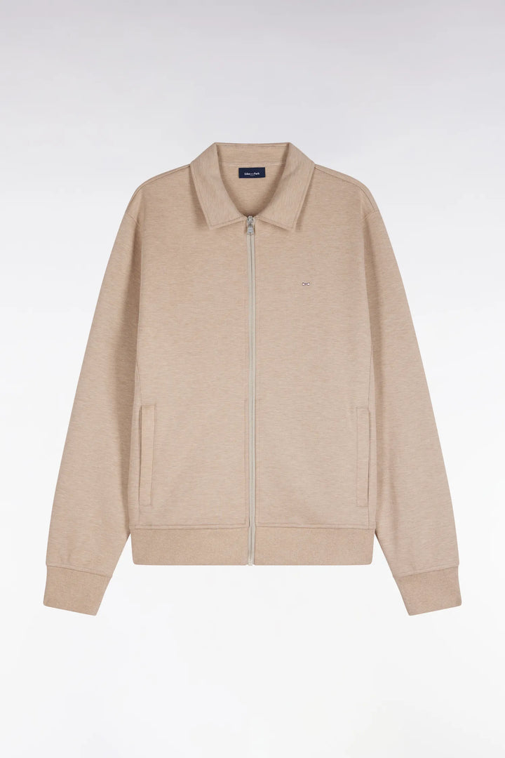 Zip-Up Sweatshirt with Beige Polo Collar with a Straight Cut