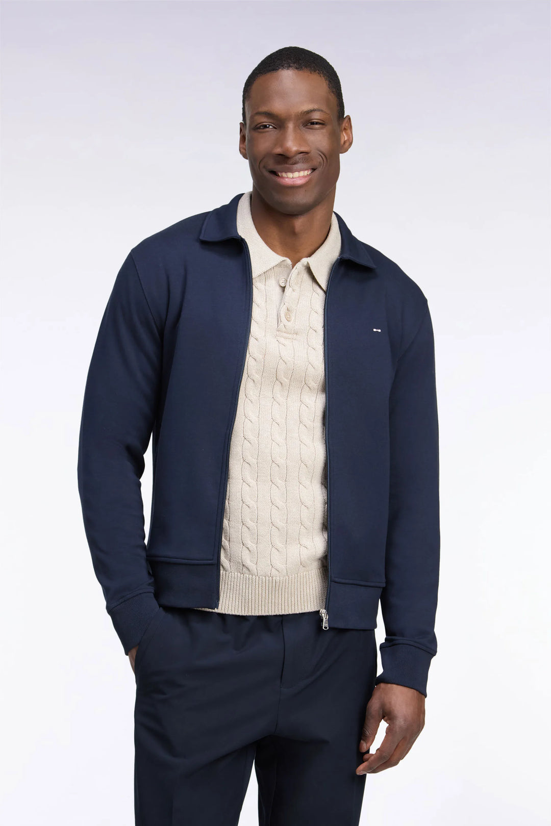 Zip-Up Sweatshirt with Polo Collar in Navy Cotton with a Straight Cut