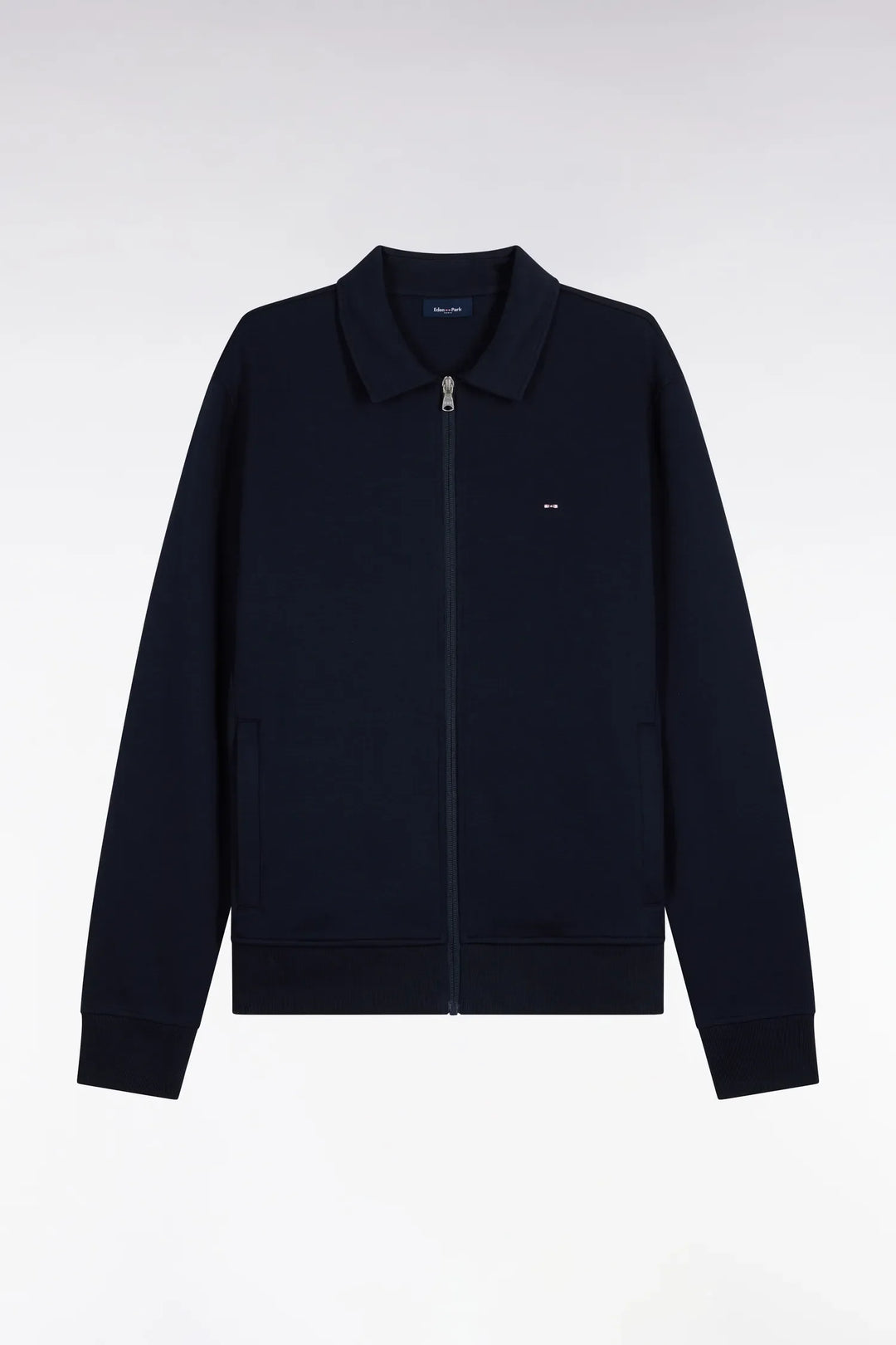 Zip-Up Sweatshirt with Polo Collar in Navy Cotton with a Straight Cut