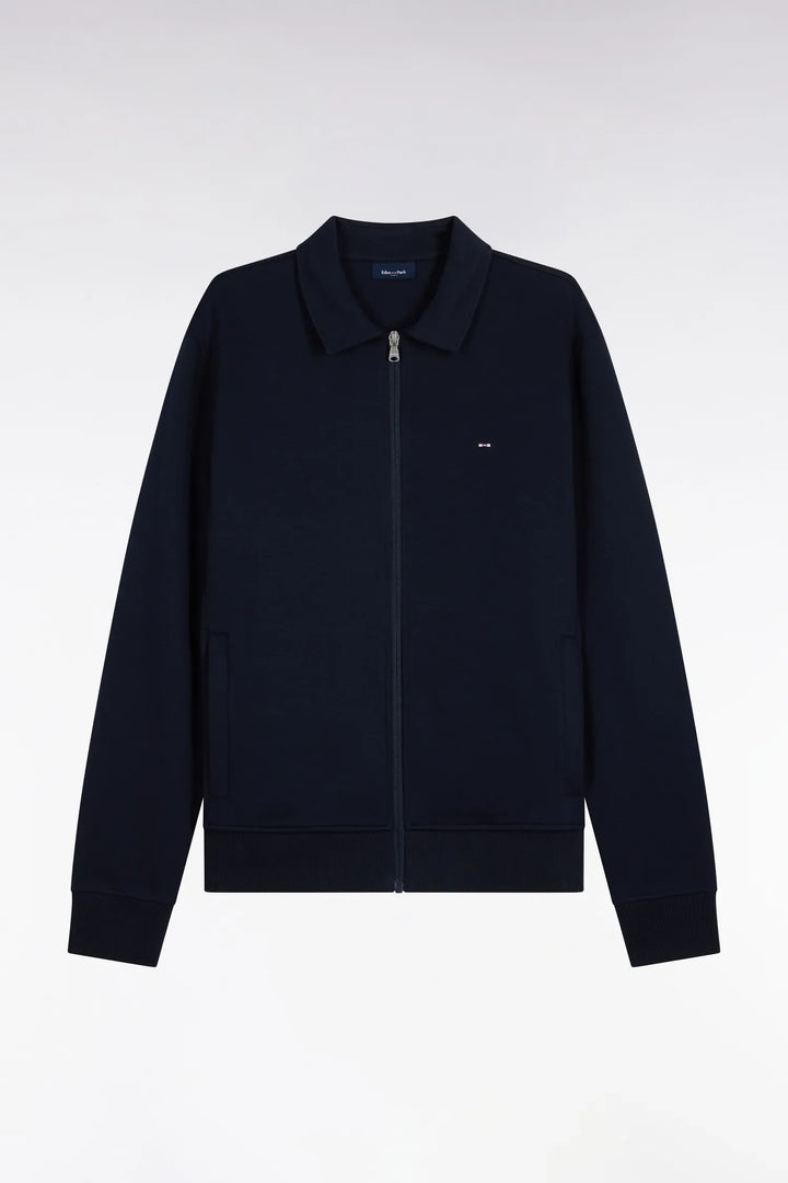 Zip-Up Sweatshirt with Polo Collar in Navy Cotton with a Straight Cut