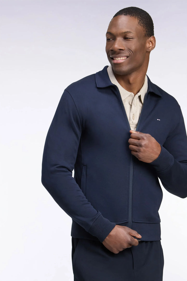 Zip-Up Sweatshirt with Polo Collar in Navy Cotton with a Straight Cut