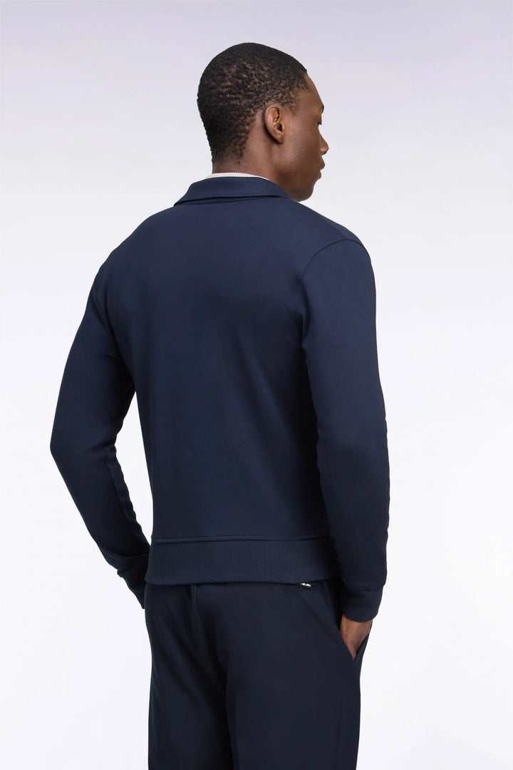 Zip-Up Sweatshirt with Polo Collar in Navy Cotton with a Straight Cut