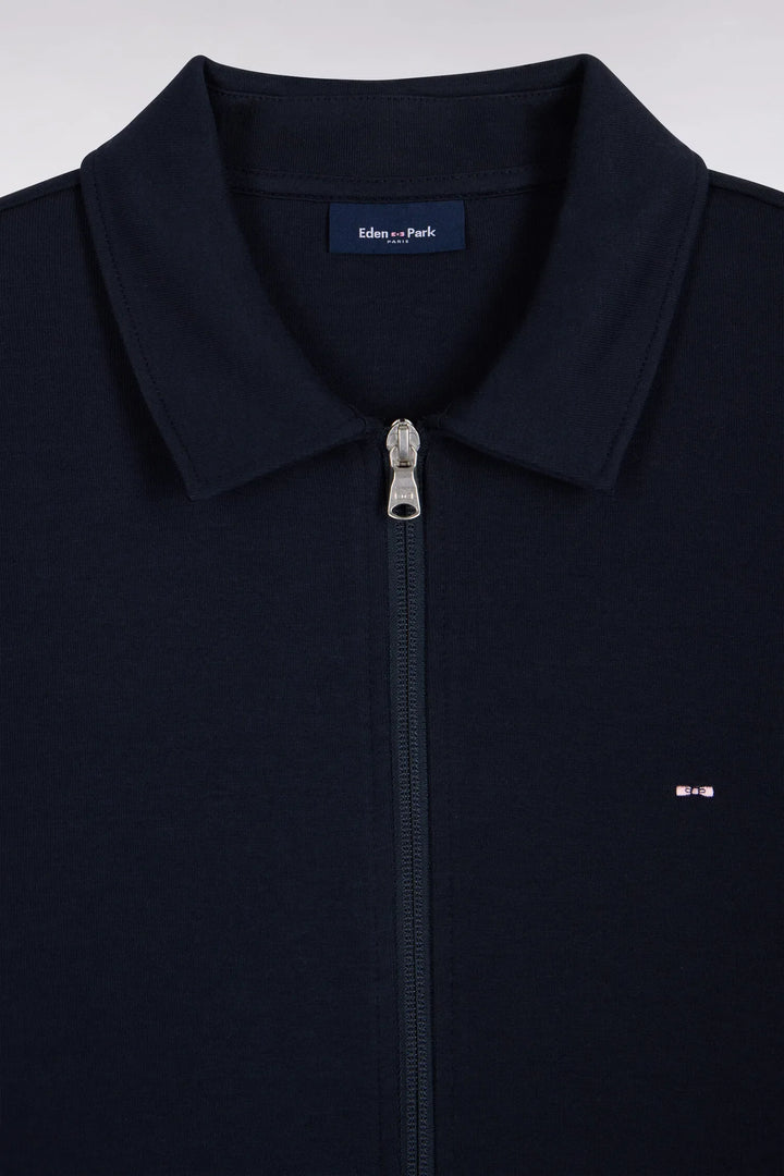 Zip-Up Sweatshirt with Polo Collar in Navy Cotton with a Straight Cut
