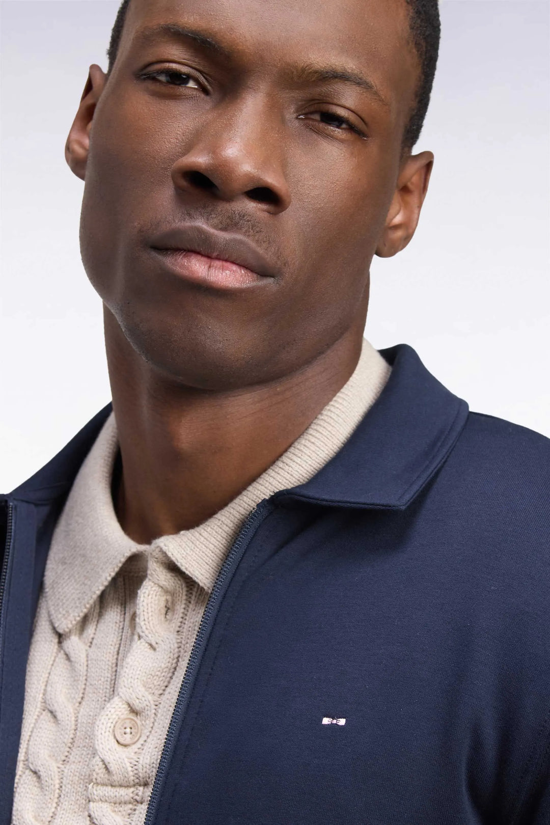 Zip-Up Sweatshirt with Polo Collar in Navy Cotton with a Straight Cut