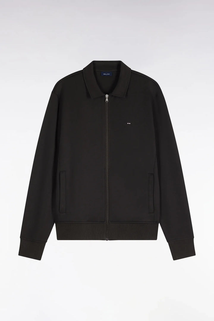 Zip-Up Sweatshirt with Polo Collar in Brown Cotton with a Straight Cut