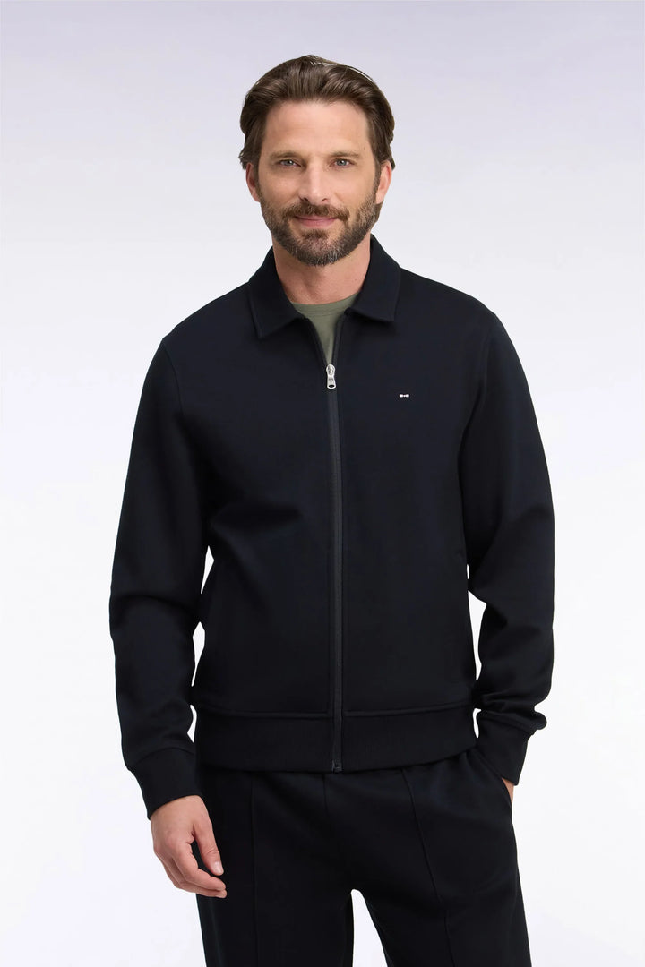 Straight-Cut Black Cotton Polo Collar Zip-Up Sweatshirt