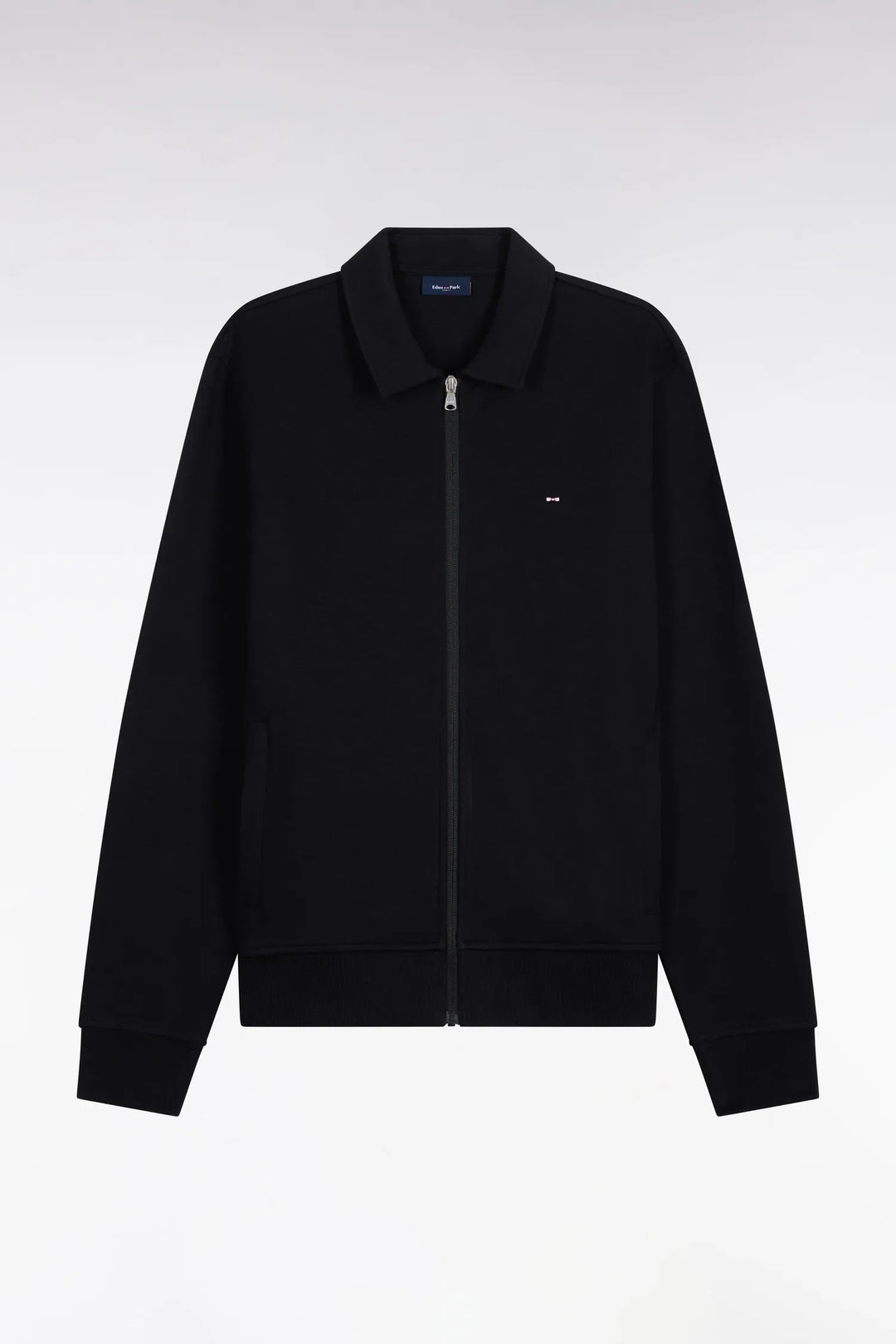 Straight-Cut Black Cotton Polo Collar Zip-Up Sweatshirt