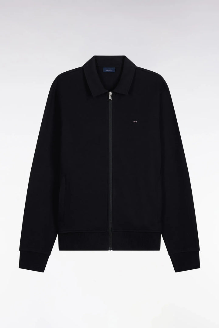 Straight-Cut Black Cotton Polo Collar Zip-Up Sweatshirt