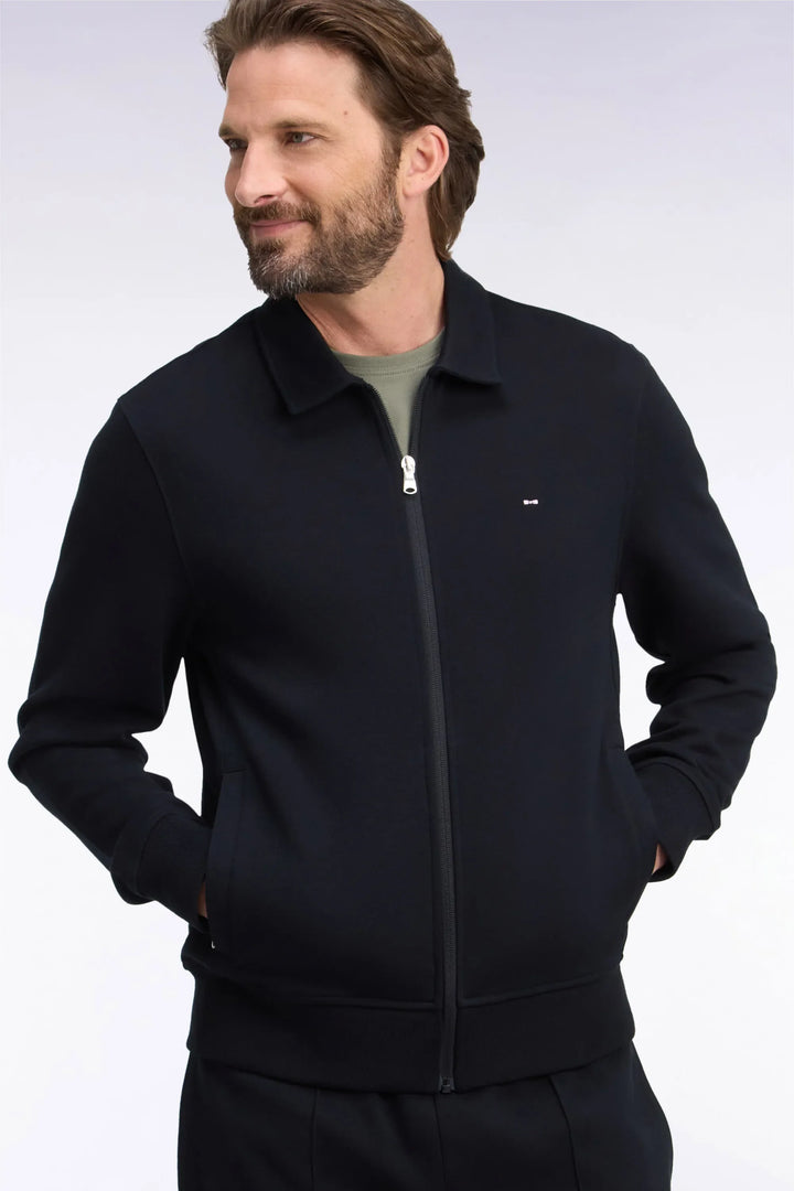 Straight-Cut Black Cotton Polo Collar Zip-Up Sweatshirt