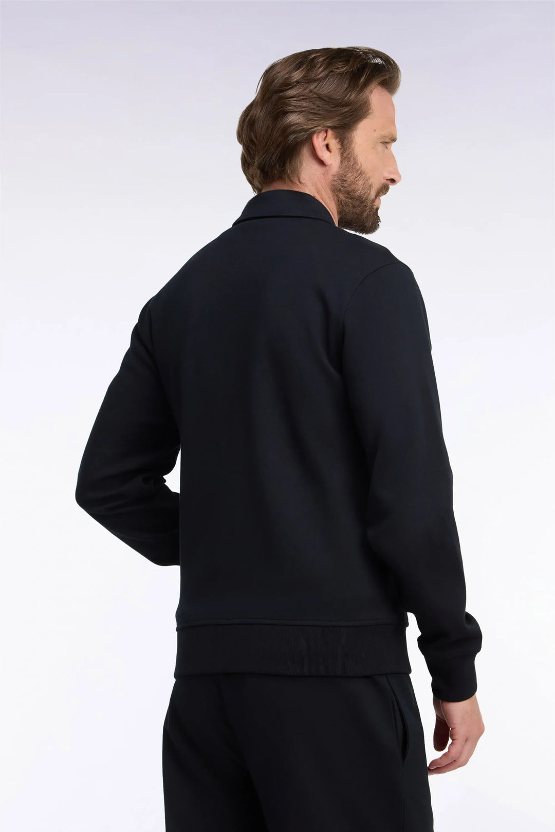 Straight-Cut Black Cotton Polo Collar Zip-Up Sweatshirt