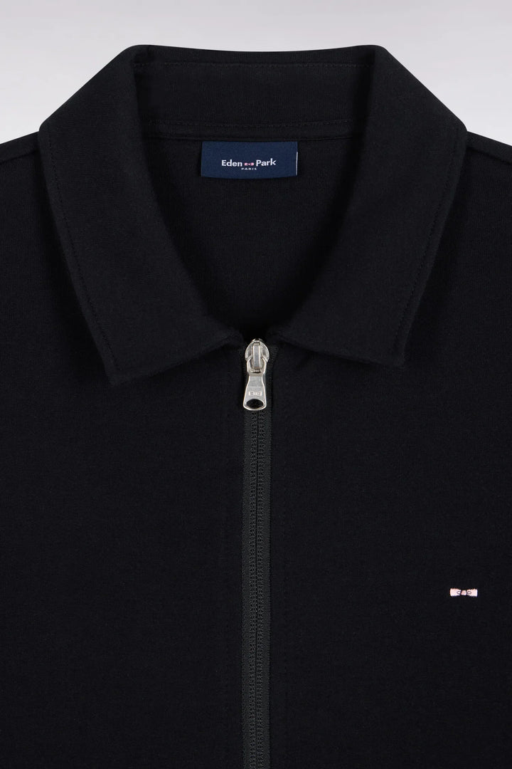 Straight-Cut Black Cotton Polo Collar Zip-Up Sweatshirt