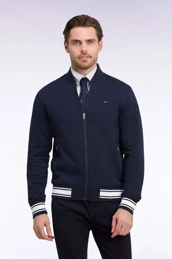 Zipped Navy Interlock Sweatshirt with Ribbed Straight Cut Teddy
