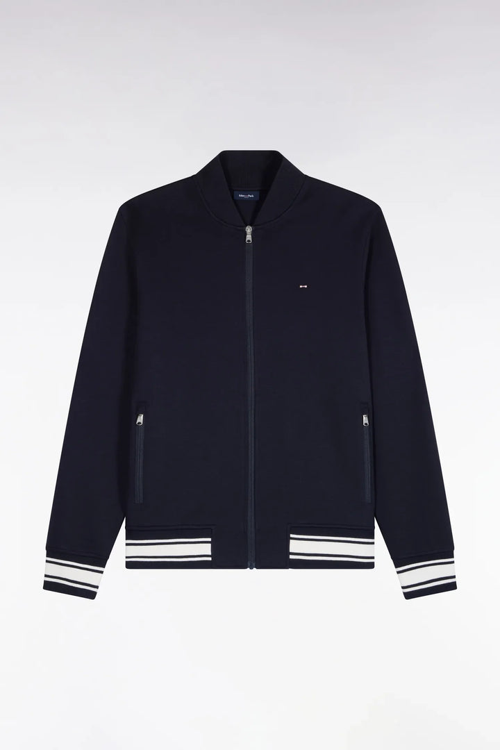 Zipped Navy Interlock Sweatshirt with Ribbed Straight Cut Teddy
