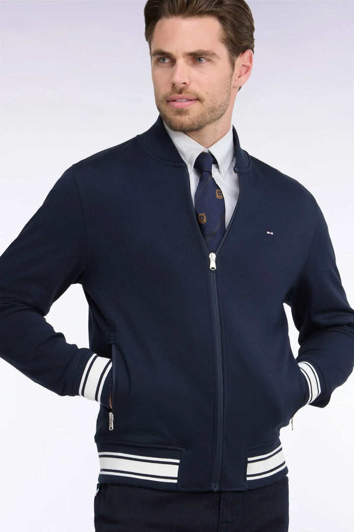 Zipped Navy Interlock Sweatshirt with Ribbed Straight Cut Teddy
