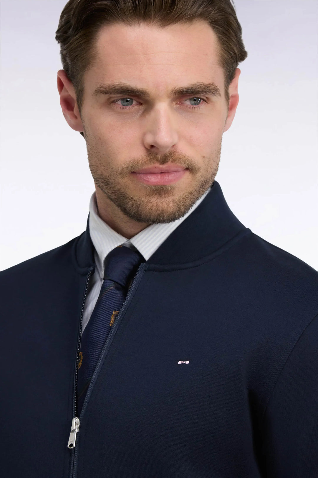 Zipped Navy Interlock Sweatshirt with Ribbed Straight Cut Teddy