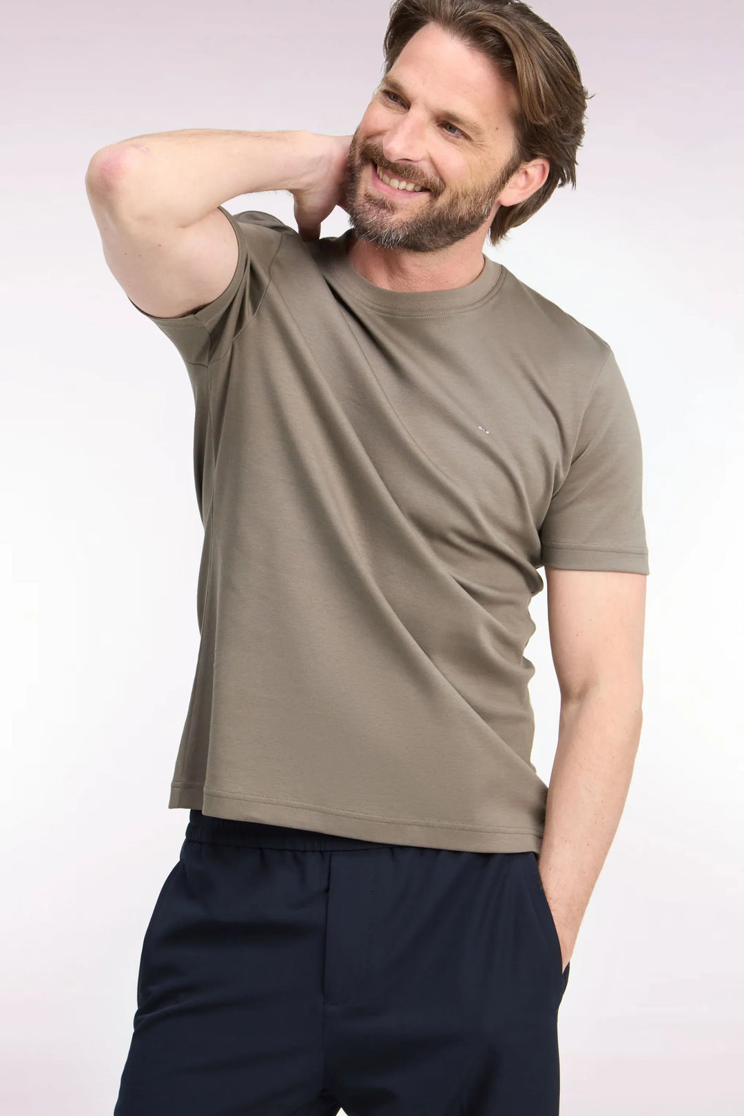 Straight-Cut Beige Cotton Short-Sleeved T-Shirt