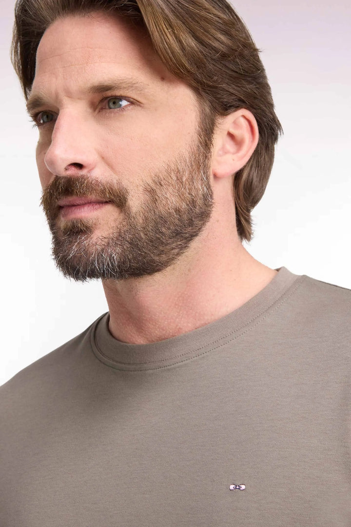 Straight-Cut Beige Cotton Short-Sleeved T-Shirt