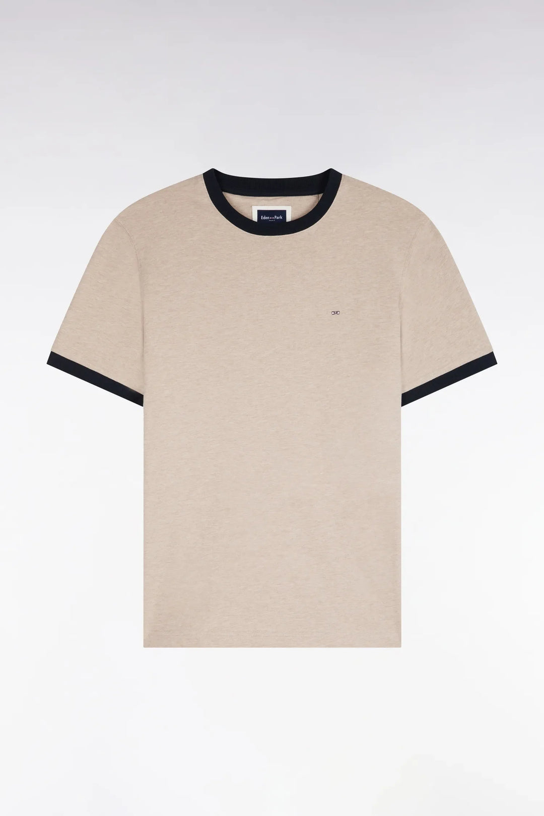 Short-Sleeved Short-Sleeved Cotton T-Shirt in Beige with Navy Ribbing with a Straight Cut
