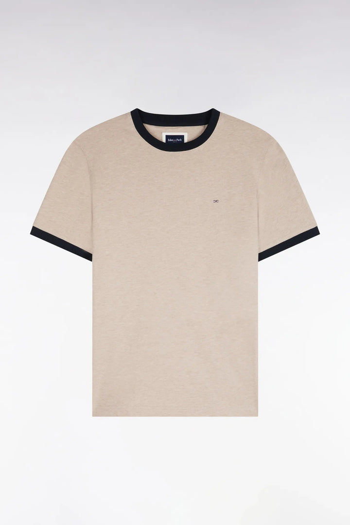 Short-Sleeved Short-Sleeved Cotton T-Shirt in Beige with Navy Ribbing with a Straight Cut