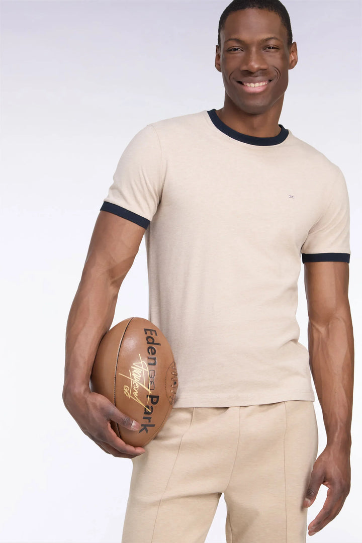 Short-Sleeved Short-Sleeved Cotton T-Shirt in Beige with Navy Ribbing with a Straight Cut