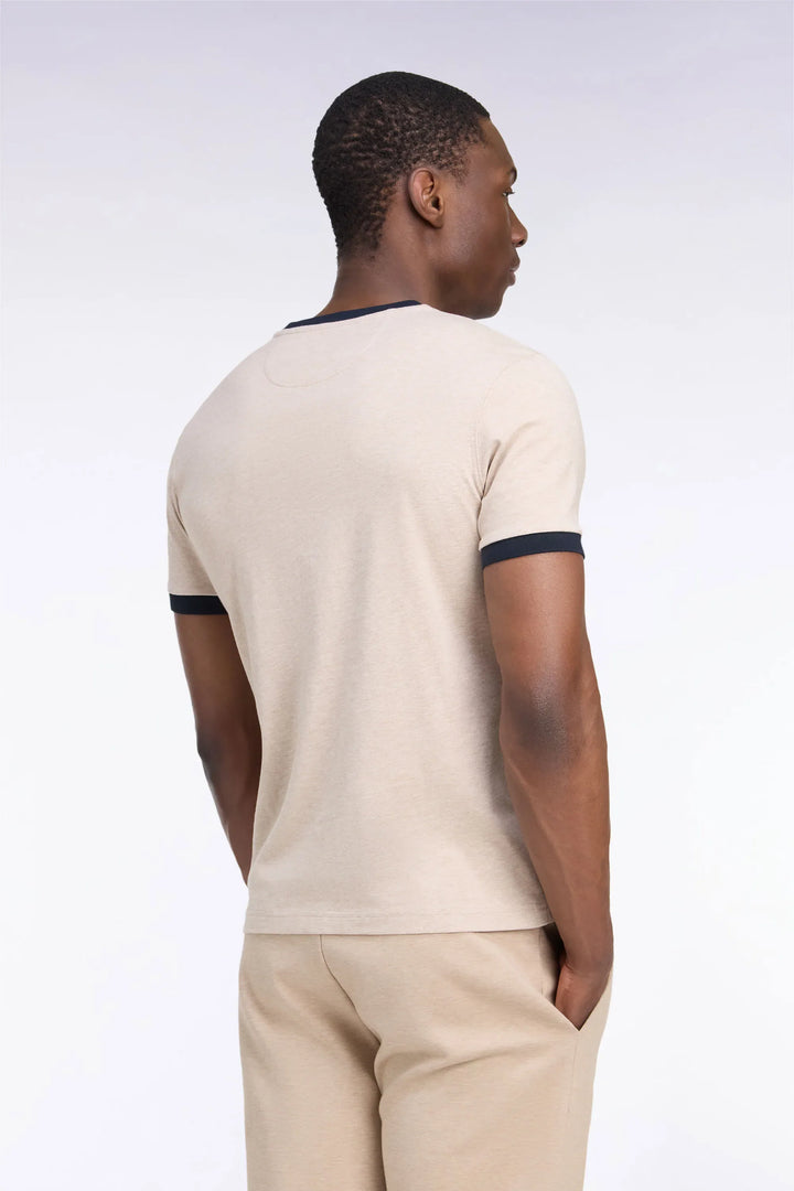 Short-Sleeved Short-Sleeved Cotton T-Shirt in Beige with Navy Ribbing with a Straight Cut