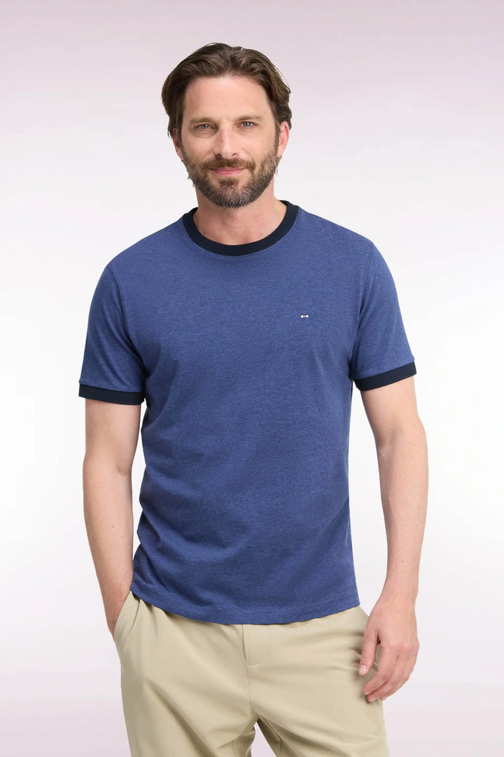 Short-Sleeved Short-Sleeved Cotton T-Shirt in Navy Navy Ribbing with Straight Cut