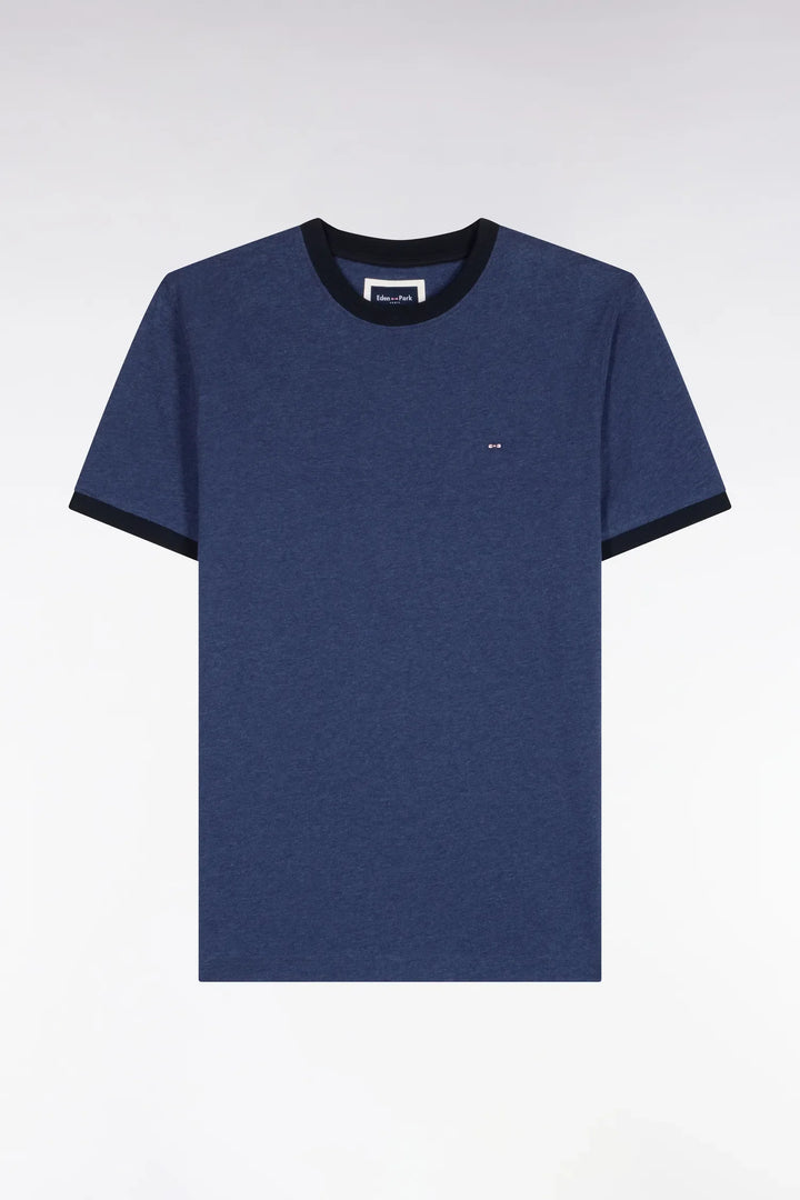 Short-Sleeved Short-Sleeved Cotton T-Shirt in Navy Navy Ribbing with Straight Cut