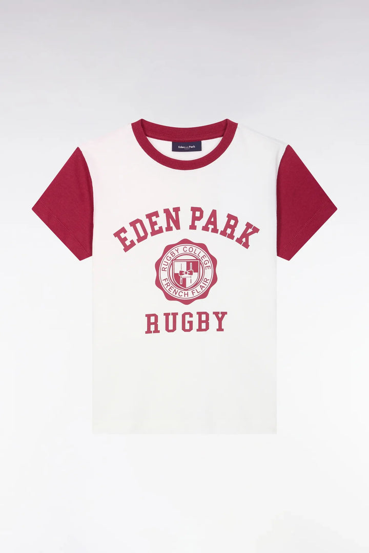 Short-Sleeved T-Shirt in Ecru Cotton with Red Rugby Screen Print Straight Cut