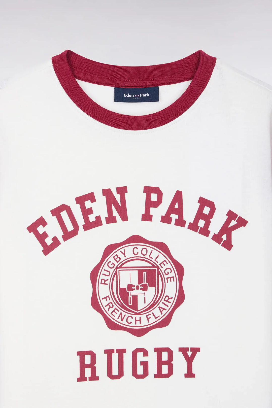 Short-Sleeved T-Shirt in Ecru Cotton with Red Rugby Screen Print Straight Cut