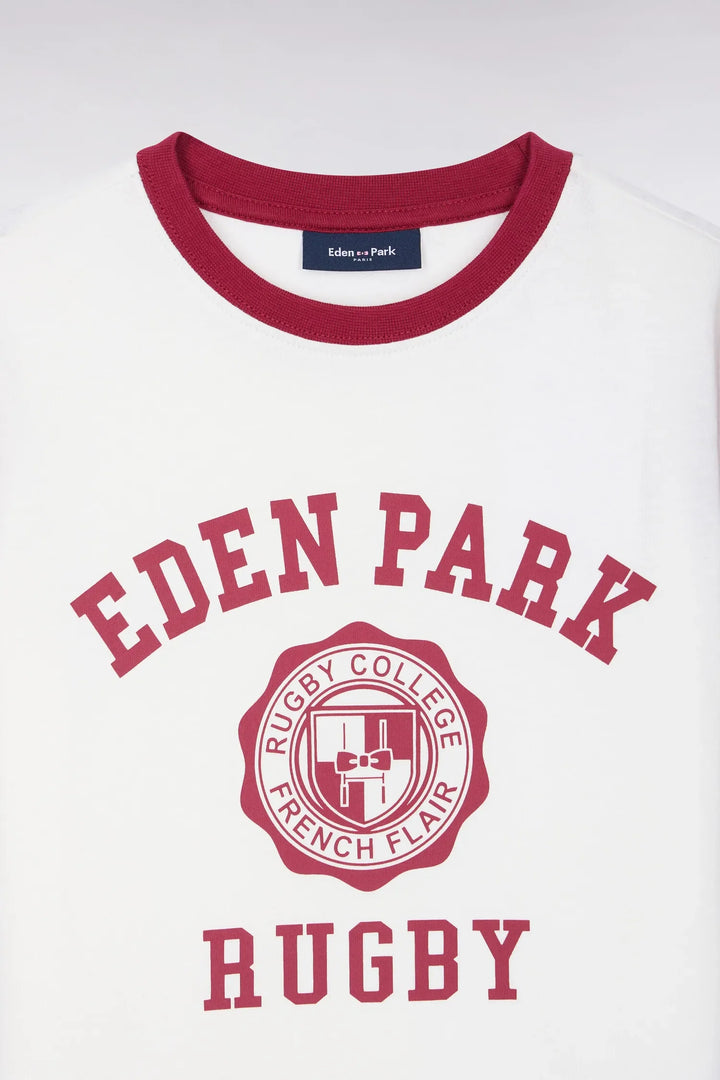 Short-Sleeved T-Shirt in Ecru Cotton with Red Rugby Screen Print Straight Cut