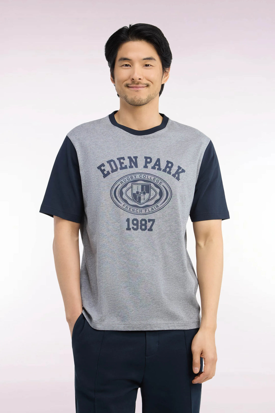 Short-Sleeved T-Shirt in Navy And Grey Cotton with Straight Cut