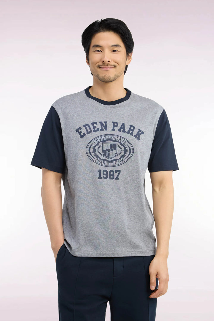 Short-Sleeved T-Shirt in Navy And Grey Cotton with Straight Cut