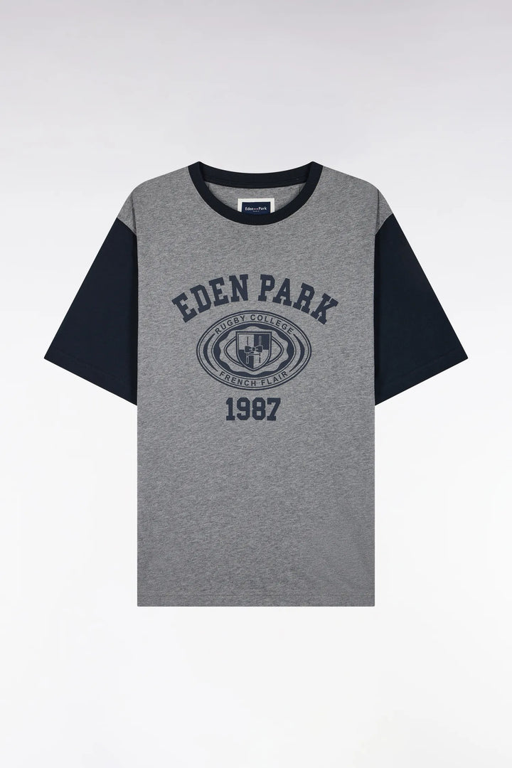 Short-Sleeved T-Shirt in Navy And Grey Cotton with Straight Cut