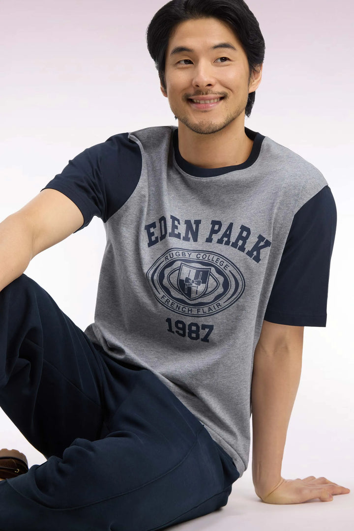 Short-Sleeved T-Shirt in Navy And Grey Cotton with Straight Cut