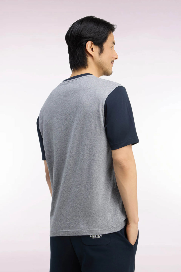 Short-Sleeved T-Shirt in Navy And Grey Cotton with Straight Cut
