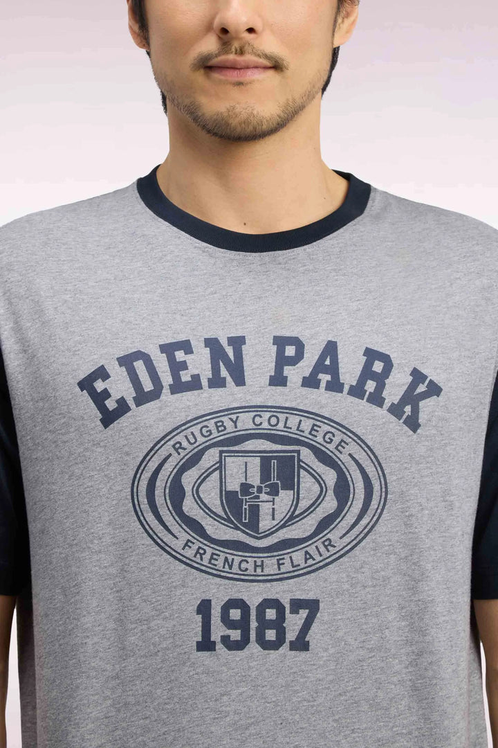 Short-Sleeved T-Shirt in Navy And Grey Cotton with Straight Cut